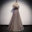 Elegant Brown See-through Evening Dresses  2019 A-Line / Princess High Neck Short Sleeve Backless Glitter Star Floor-Length / Long Ruffle Formal Dresses