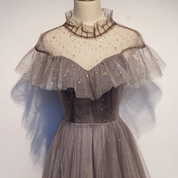 Elegant Brown See-through Evening Dresses 2019 A-Line / Princess High Neck Short Sleeve Backless Glitter Star Floor-Length / Long Ruffle Formal Dresses