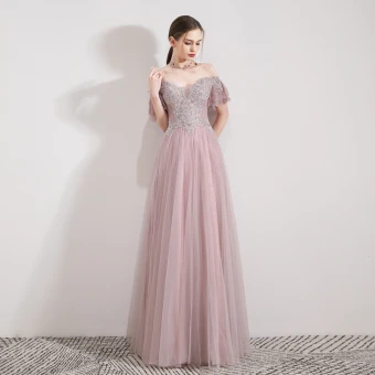 Classy Blushing Pink Evening Dresses 2019 A Line Princess Off The Shoulder Short Sleeve Beading Rhinestone Floor Length Long Ruffle Backless Formal Dresses