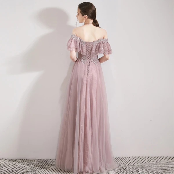 Edles Rosa Abendkleider 2019 A Linie Off Shoulder Kurze Ärmel Perlenstickerei Strass Lange Rüschen Rückenfreies Festliche Kleider