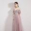 Edles Rosa Abendkleider 2019 A Linie Off Shoulder Kurze Ärmel Perlenstickerei Strass Lange Rüschen Rückenfreies Festliche Kleider