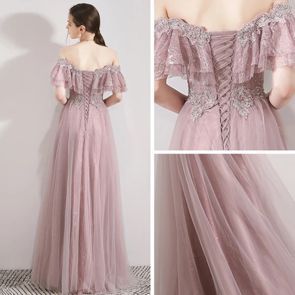 Edles Rosa Abendkleider 2019 A Linie Off Shoulder Kurze Ärmel Perlenstickerei Strass Lange Rüschen Rückenfreies Festliche Kleider