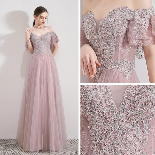Edles Rosa Abendkleider 2019 A Linie Off Shoulder Kurze Ärmel Perlenstickerei Strass Lange Rüschen Rückenfreies Festliche Kleider