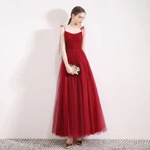 Élégant Bordeaux Robe De Soirée 2019 Princesse Bretelles Spaghetti Sans Manches Perlage Cristal Glitter Tulle Longueur Cheville Volants Dos Nu Robe De Ceremonie