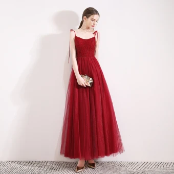 Élégant Bordeaux Robe De Soirée 2019 Princesse Bretelles Spaghetti Sans Manches Perlage Cristal Glitter Tulle Longueur Cheville Volants Dos Nu Robe De Ceremonie