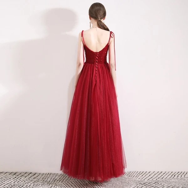Élégant Bordeaux Robe De Soirée 2019 Princesse Bretelles Spaghetti Sans Manches Perlage Cristal Glitter Tulle Longueur Cheville Volants Dos Nu Robe De Ceremonie