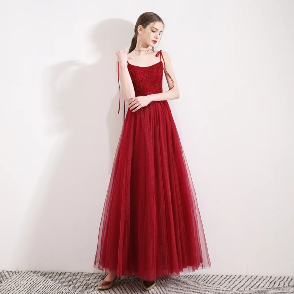 Élégant Bordeaux Robe De Soirée 2019 Princesse Bretelles Spaghetti Sans Manches Perlage Cristal Glitter Tulle Longueur Cheville Volants Dos Nu Robe De Ceremonie