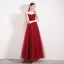 Élégant Bordeaux Robe De Soirée 2019 Princesse Bretelles Spaghetti Sans Manches Perlage Cristal Glitter Tulle Longueur Cheville Volants Dos Nu Robe De Ceremonie