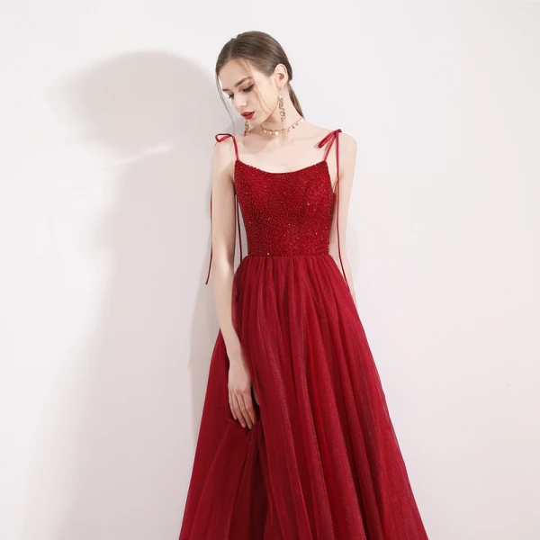 Élégant Bordeaux Robe De Soirée 2019 Princesse Bretelles Spaghetti Sans Manches Perlage Cristal Glitter Tulle Longueur Cheville Volants Dos Nu Robe De Ceremonie