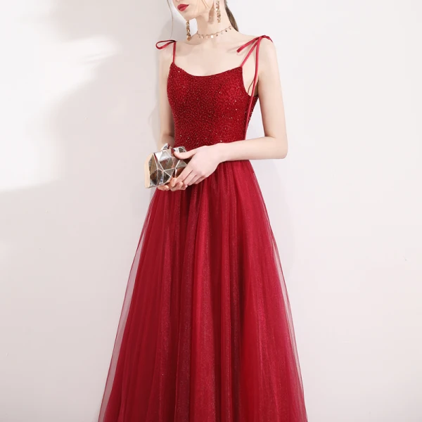 Élégant Bordeaux Robe De Soirée 2019 Princesse Bretelles Spaghetti Sans Manches Perlage Cristal Glitter Tulle Longueur Cheville Volants Dos Nu Robe De Ceremonie