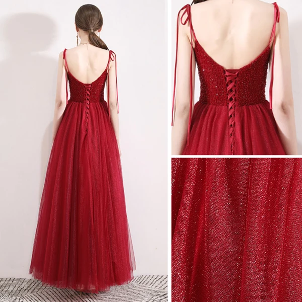 Élégant Bordeaux Robe De Soirée 2019 Princesse Bretelles Spaghetti Sans Manches Perlage Cristal Glitter Tulle Longueur Cheville Volants Dos Nu Robe De Ceremonie