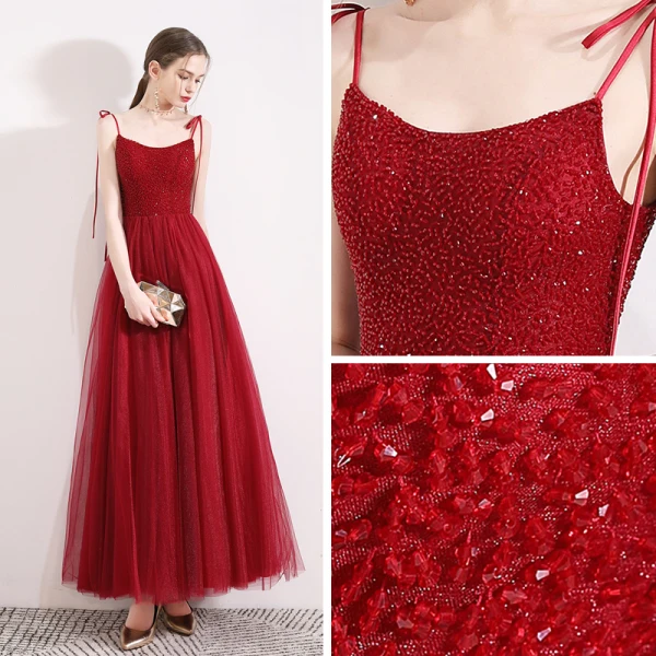 Élégant Bordeaux Robe De Soirée 2019 Princesse Bretelles Spaghetti Sans Manches Perlage Cristal Glitter Tulle Longueur Cheville Volants Dos Nu Robe De Ceremonie