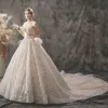Sparkly Champagne Wedding Dresses 2019 A-Line / Princess Sweetheart Sleeveless Backless Beading Pearl Glitter Sequins Cathedral Train Ruffle