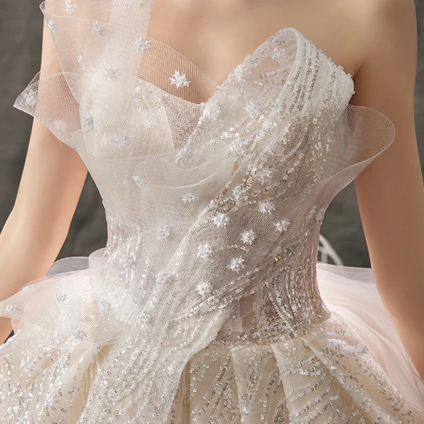 Sparkly Champagne Brudekjoler 2019 Prinsesse Kjæreste Uten Ermer Ryggløse Beading Perle Glitter Paljetter Cathedral Train Buste
