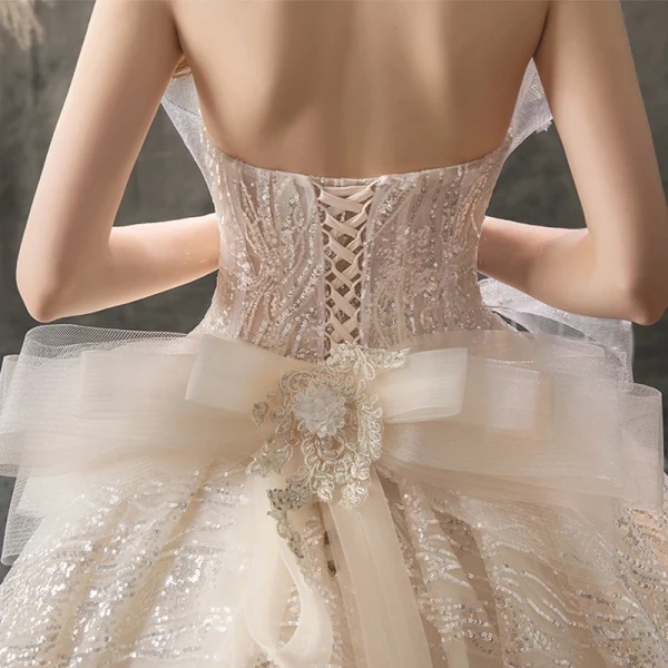 Sparkly Champagne Brudekjoler 2019 Prinsesse Kjæreste Uten Ermer Ryggløse Beading Perle Glitter Paljetter Cathedral Train Buste