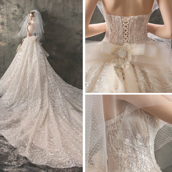 Sparkly Champagne Brudekjoler 2019 Prinsesse Kjæreste Uten Ermer Ryggløse Beading Perle Glitter Paljetter Cathedral Train Buste