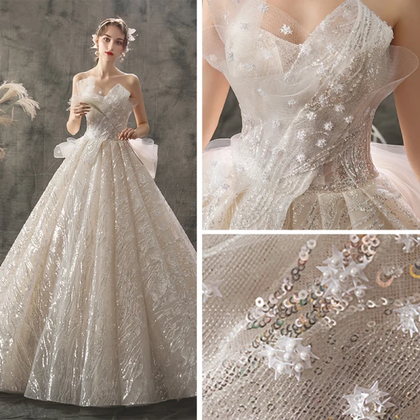 Sparkly Champagne Brudekjoler 2019 Prinsesse Kjæreste Uten Ermer Ryggløse Beading Perle Glitter Paljetter Cathedral Train Buste