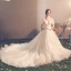 Elegante Champagner Durchsichtige Brautkleider / Hochzeitskleider 2019 A Linie Rundhalsausschnitt Kurze Ärmel Rückenfreies Schleife Applikationen Spitze Kapelle-Schleppe Rüschen