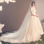 Elegante Champagner Durchsichtige Brautkleider / Hochzeitskleider 2019 A Linie Rundhalsausschnitt Kurze Ärmel Rückenfreies Schleife Applikationen Spitze Kapelle-Schleppe Rüschen
