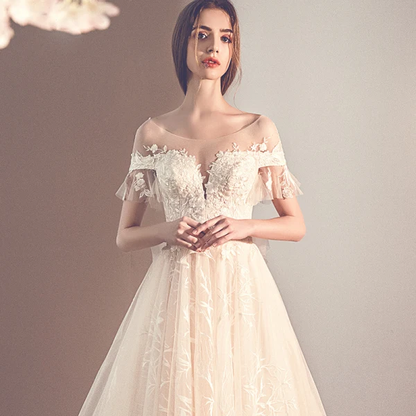 Elegante Champagner Durchsichtige Brautkleider / Hochzeitskleider 2019 A Linie Rundhalsausschnitt Kurze Ärmel Rückenfreies Schleife Applikationen Spitze Kapelle-Schleppe Rüschen