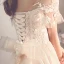 Elegante Champagner Durchsichtige Brautkleider / Hochzeitskleider 2019 A Linie Rundhalsausschnitt Kurze Ärmel Rückenfreies Schleife Applikationen Spitze Kapelle-Schleppe Rüschen