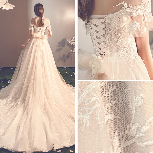Elegante Champagner Durchsichtige Brautkleider / Hochzeitskleider 2019 A Linie Rundhalsausschnitt Kurze Ärmel Rückenfreies Schleife Applikationen Spitze Kapelle-Schleppe Rüschen
