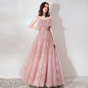 Chic Beautiful Blushing Pink Prom Dresses 2019 A Line Princess Spaghetti Straps Sleeveless Beading Floor Length Long Ruffle Backless Formal Dresses