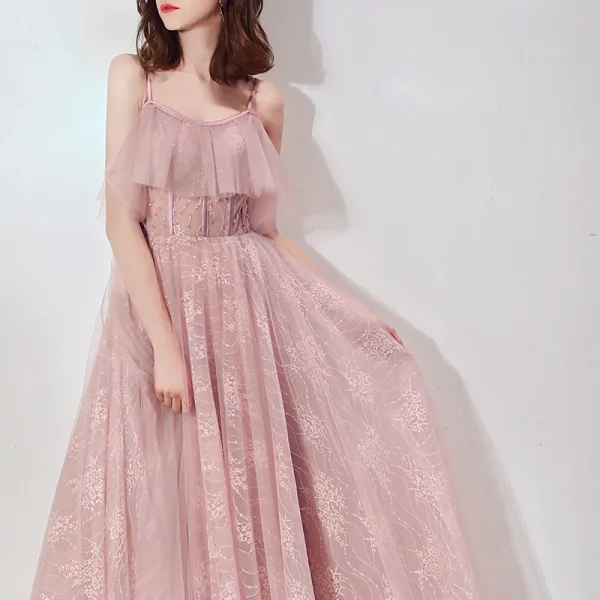 Chic / Belle Rougissant Rose Robe De Bal 2019 Princesse Bretelles Spaghetti Sans Manches Perlage Longue Volants Dos Nu Robe De Ceremonie