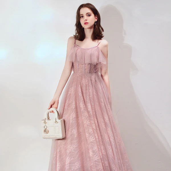 Chic / Belle Rougissant Rose Robe De Bal 2019 Princesse Bretelles Spaghetti Sans Manches Perlage Longue Volants Dos Nu Robe De Ceremonie