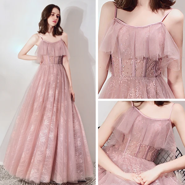 Chic / Belle Rougissant Rose Robe De Bal 2019 Princesse Bretelles Spaghetti Sans Manches Perlage Longue Volants Dos Nu Robe De Ceremonie