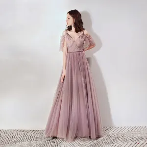 Chic Belle Rougissant Rose Robe De Soirée 2019 Princesse Col V Profond Manches Courtes Appliques En Dentelle Perlage Ceinture Longue Volants Dos Nu Robe De Ceremonie
