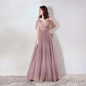 Chic Beautiful Blushing Pink Evening Dresses 2019 A Line Princess Deep V Neck Short Sleeve Appliques Lace Beading Sash Floor Length Long Ruffle Backless Formal Dresses