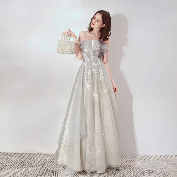 Elegant Grå Blonde Selskabskjoler 2019 Prinsesse Off The Shoulder Kort Ærme Applikationsbroderi Med Blonder Lange Flæse Halterneck Kjoler