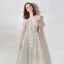 Elegant Grey Lace Evening Dresses  2019 A-Line / Princess Off-The-Shoulder Short Sleeve Appliques Lace Floor-Length / Long Ruffle Backless Formal Dresses