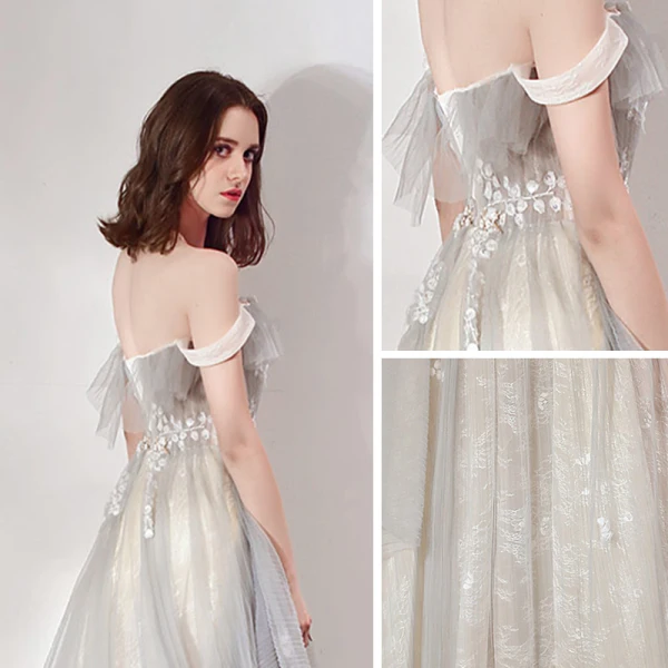 Elegant Grey Lace Evening Dresses 2019 A-Line / Princess Off-The-Shoulder Short Sleeve Appliques Lace Floor-Length / Long Ruffle Backless Formal Dresses