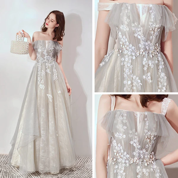 Elegant Grey Lace Evening Dresses 2019 A-Line / Princess Off-The-Shoulder Short Sleeve Appliques Lace Floor-Length / Long Ruffle Backless Formal Dresses