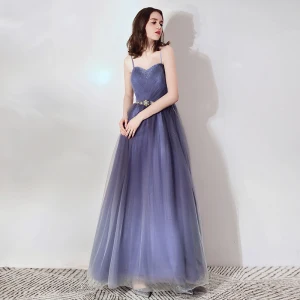 Chic Belle Violet Robe De Soirée 2019 Princesse Bretelles Spaghetti Sans Manches Perlage Métal Ceinture Longue Volants Dos Nu Robe De Ceremonie