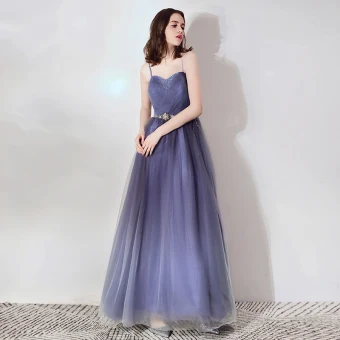 Chic Beautiful Purple Evening Dresses 2019 A Line Princess Spaghetti Straps Sleeveless Beading Metal Sash Floor Length Long Ruffle Backless Formal Dresses