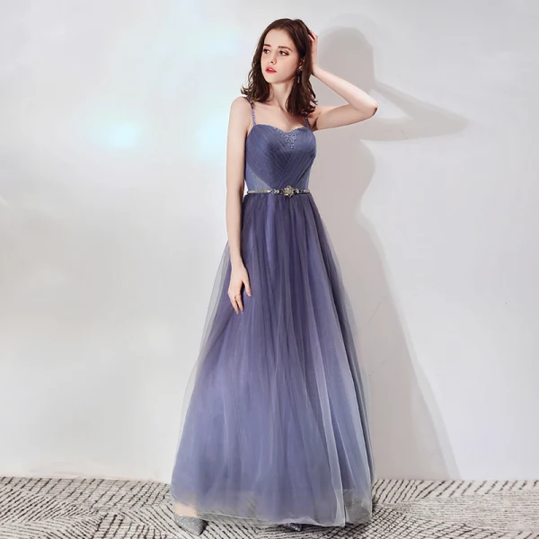 Chic / Beautiful Purple Evening Dresses  2019 A-Line / Princess Spaghetti Straps Sleeveless Beading Metal Sash Floor-Length / Long Ruffle Backless Formal Dresses