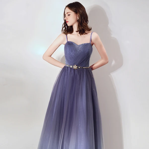 Chic / Beautiful Purple Evening Dresses  2019 A-Line / Princess Spaghetti Straps Sleeveless Beading Metal Sash Floor-Length / Long Ruffle Backless Formal Dresses