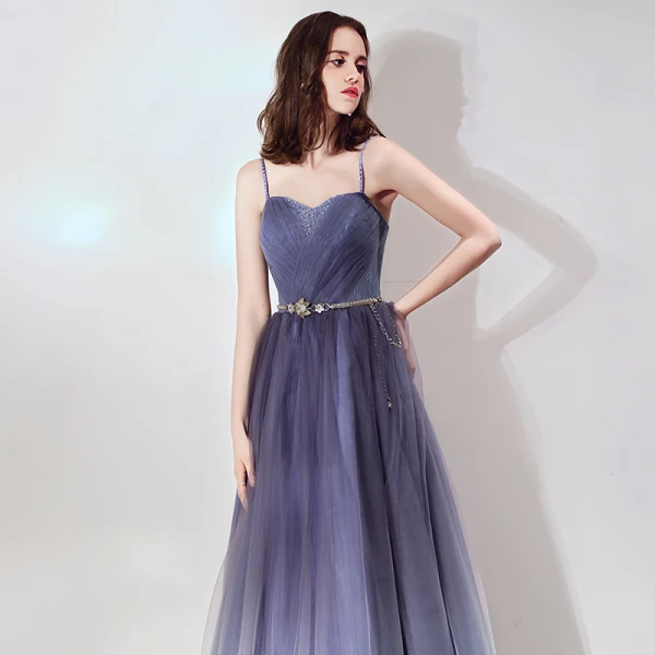 Chic / Beautiful Purple Evening Dresses  2019 A-Line / Princess Spaghetti Straps Sleeveless Beading Metal Sash Floor-Length / Long Ruffle Backless Formal Dresses