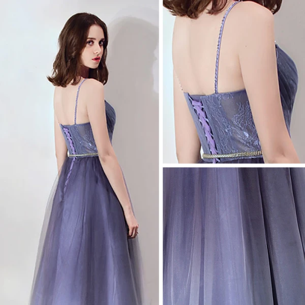 Chic / Beautiful Purple Evening Dresses  2019 A-Line / Princess Spaghetti Straps Sleeveless Beading Metal Sash Floor-Length / Long Ruffle Backless Formal Dresses