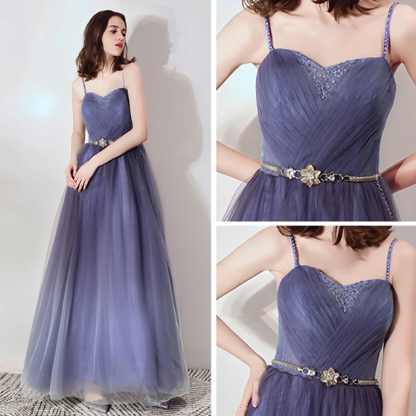 Chic / Beautiful Purple Evening Dresses  2019 A-Line / Princess Spaghetti Straps Sleeveless Beading Metal Sash Floor-Length / Long Ruffle Backless Formal Dresses