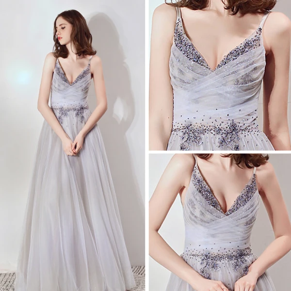 Eleganta Grå Aftonklänningar 2019 Prinsessa Djup v-hals Ärmlös Beading Långa Ruffle Halterneck Formella Klänningar