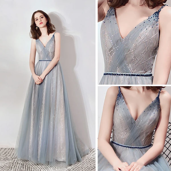 Eleganta Grå Aftonklänningar 2019 Prinsessa Djup v-hals Ärmlös Beading Skärp Glittriga / Glitter Tyll Långa Ruffle Halterneck Formella Klänningar