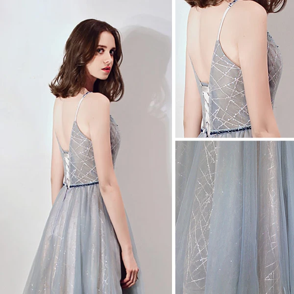 Eleganta Grå Aftonklänningar 2019 Prinsessa Djup v-hals Ärmlös Beading Skärp Glittriga / Glitter Tyll Långa Ruffle Halterneck Formella Klänningar