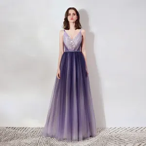 Elegant Purple Evening Dresses 2019 A Line Princess Spaghetti Straps Deep V Neck Sleeveless Appliques Lace Rhinestone Beading Sash Floor Length Long Ruffle Backless Formal Dresses