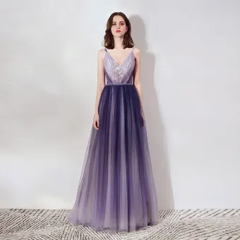 Elegant Purple Evening Dresses 2019 A Line Princess Spaghetti Straps Deep V Neck Sleeveless Appliques Lace Rhinestone Beading Sash Floor Length Long Ruffle Backless Formal Dresses