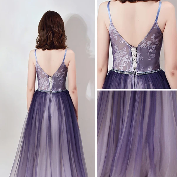 Elegant Purple Evening Dresses  2019 A-Line / Princess Spaghetti Straps Deep V-Neck Sleeveless Appliques Lace Rhinestone Beading Sash Floor-Length / Long Ruffle Backless Formal Dresses