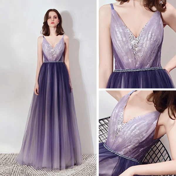 Elegant Purple Evening Dresses  2019 A-Line / Princess Spaghetti Straps Deep V-Neck Sleeveless Appliques Lace Rhinestone Beading Sash Floor-Length / Long Ruffle Backless Formal Dresses